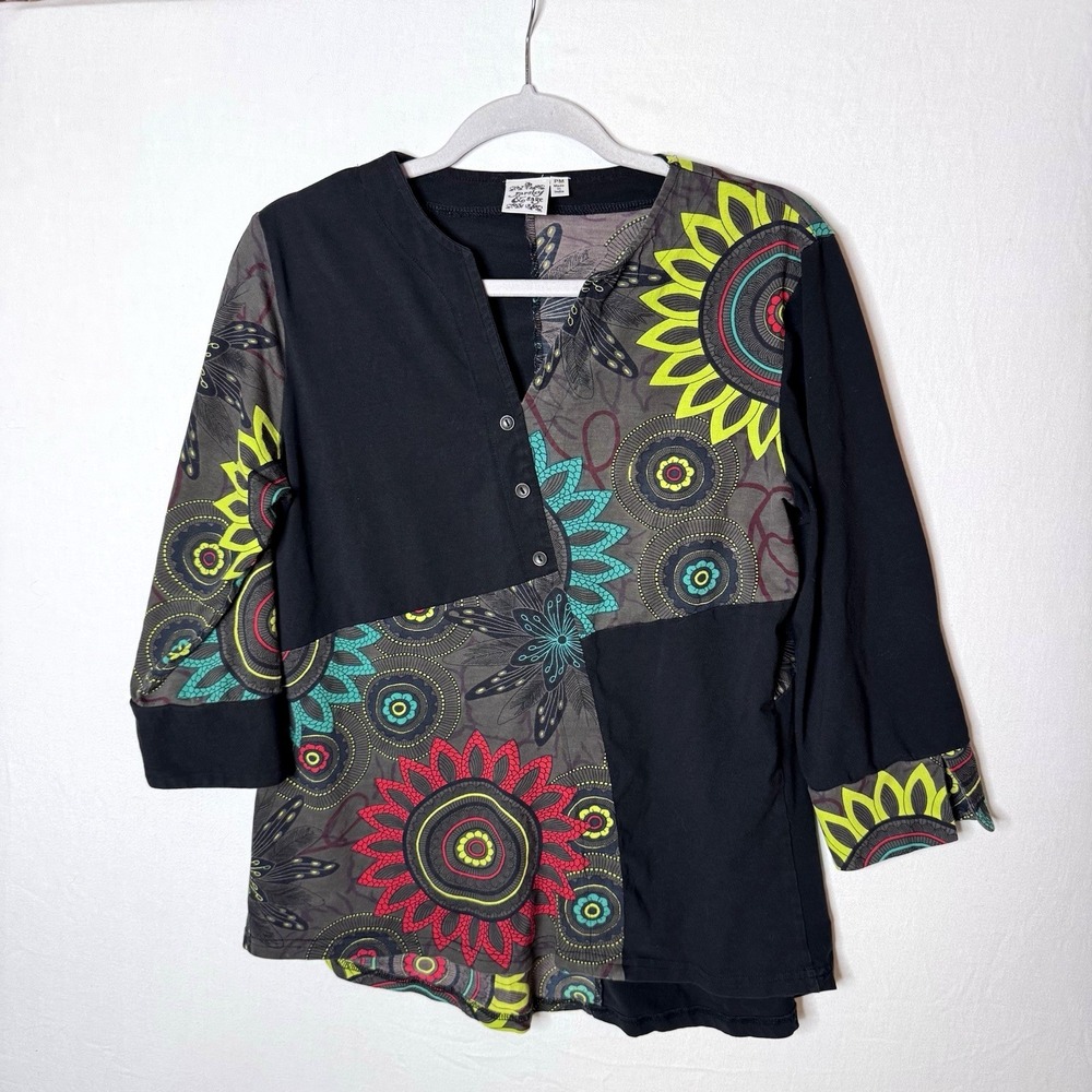 Parsley Sage Asymmetric Tunic Sz M Petite Black‎ Art Artsy 3/4 Sleeve Lagenlook